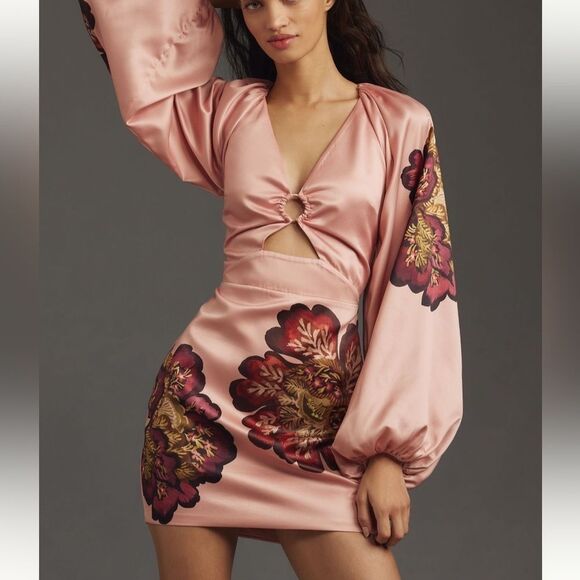 NWT Significant Other pink floral Long-Sleeve V-Neck Cutout Mini Dress size 10P - Picture 5 of 7
